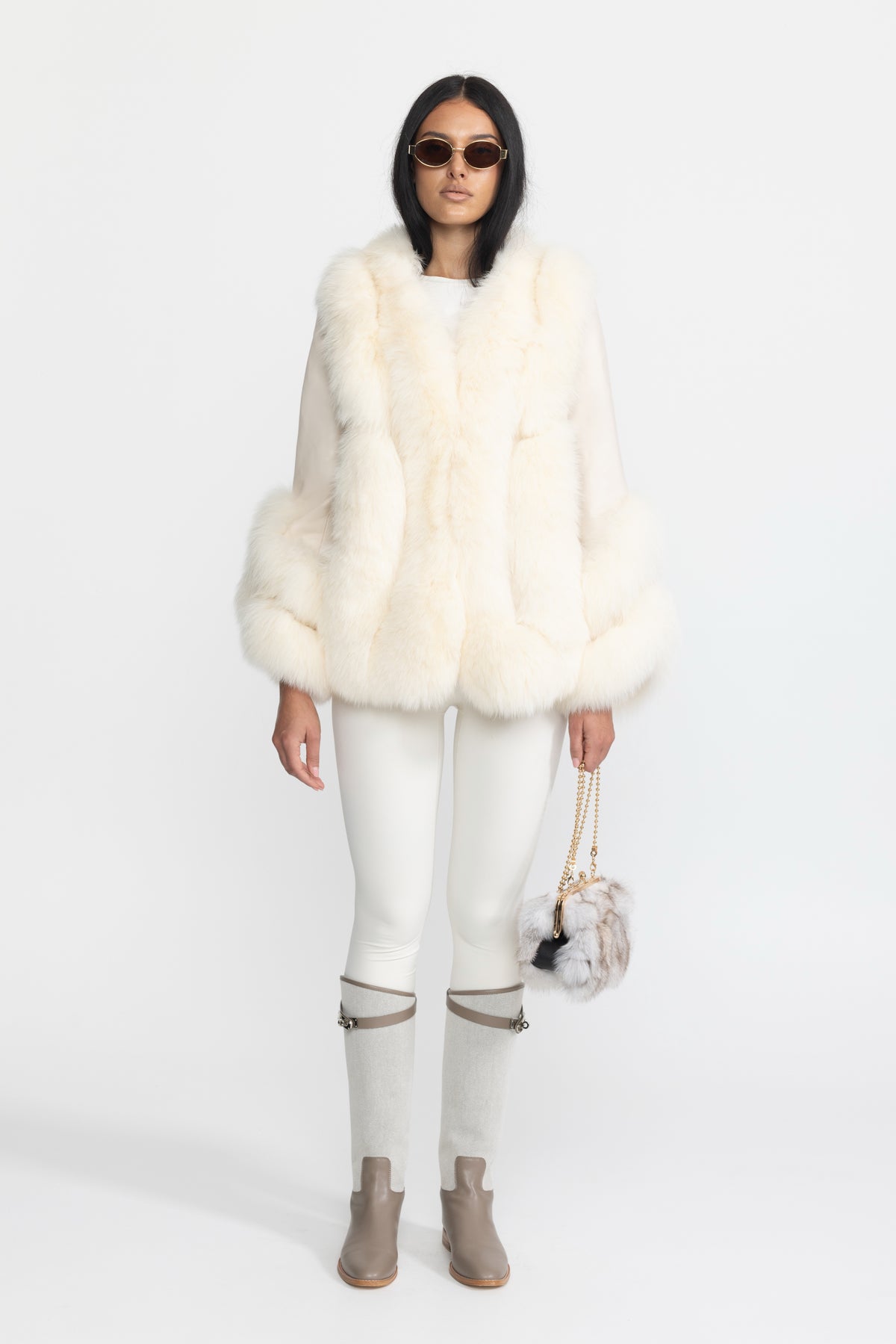 Veste en shearling à empiècements en fourrure de renard - Ivoire 