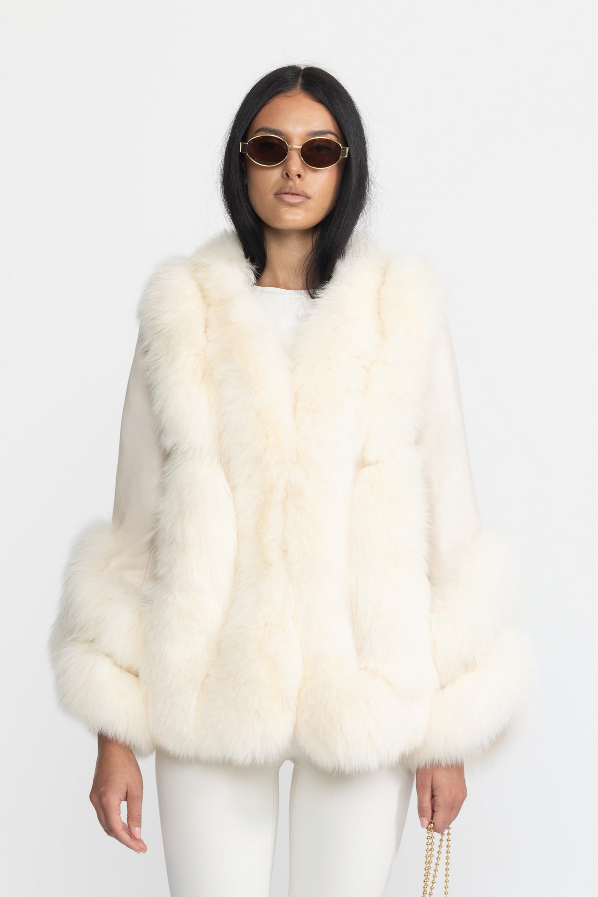 Veste en shearling à empiècements en fourrure de renard - Ivoire 
