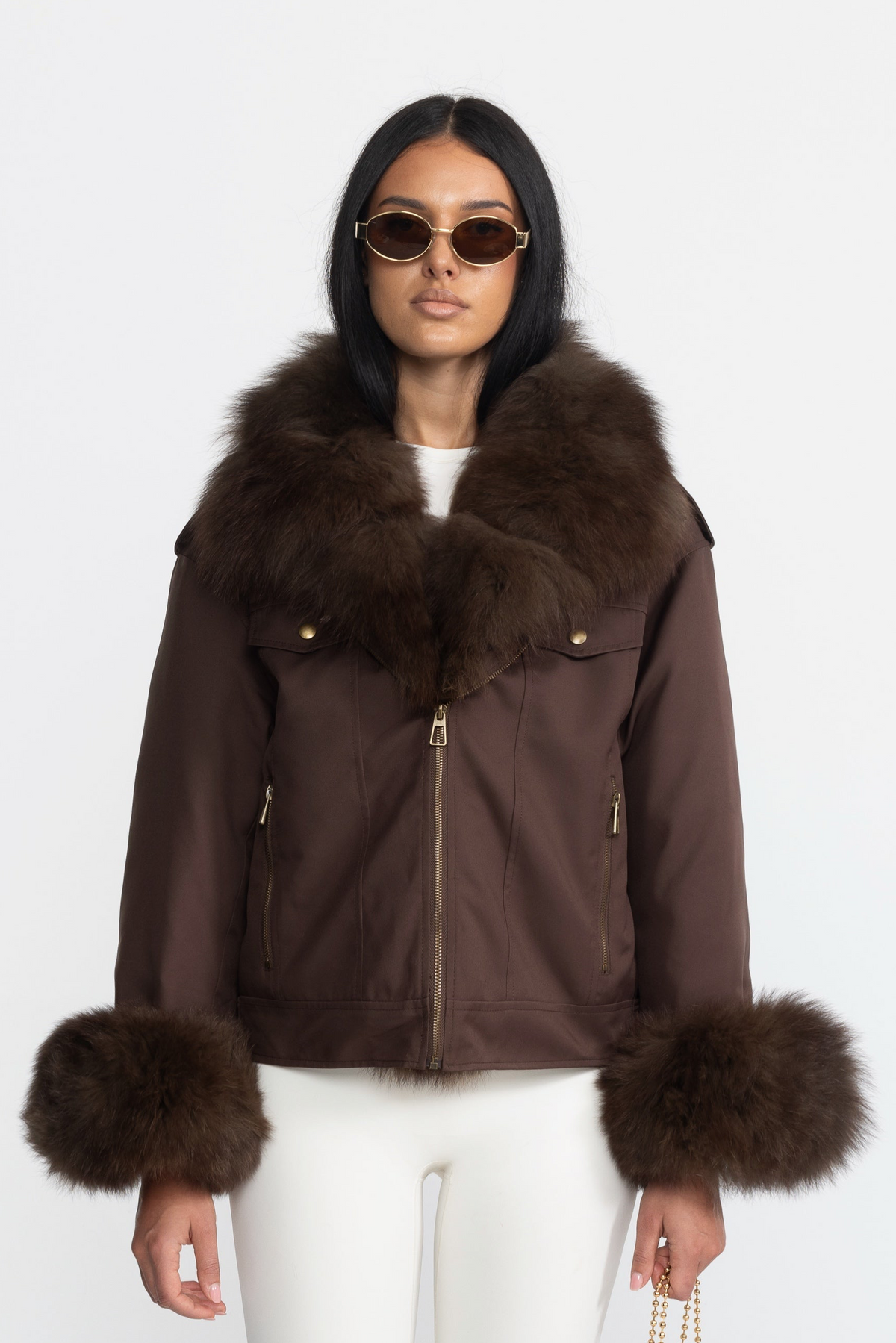 Parka utilitaire en duvet à col et poignets en fourrure de renard - Chocolate 