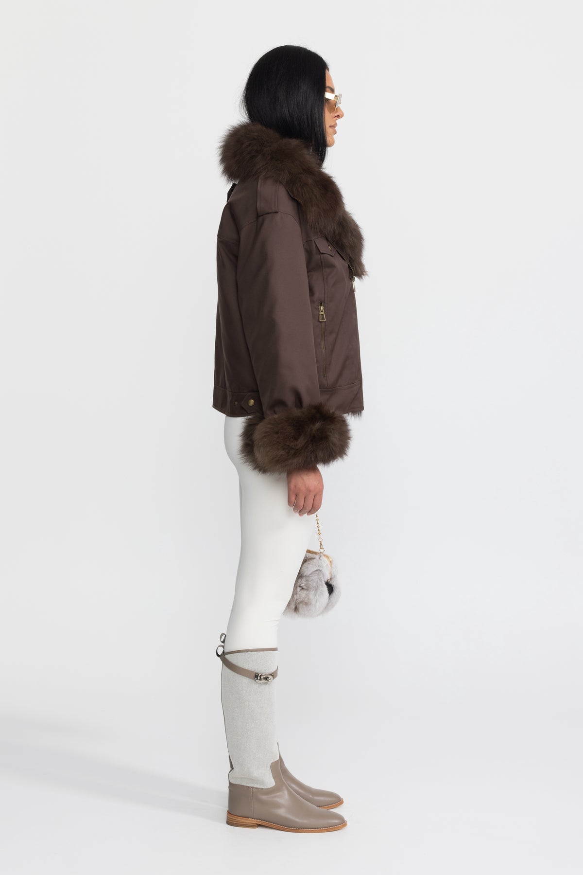 Parka utilitaire en duvet à col et poignets en fourrure de renard - Chocolate 