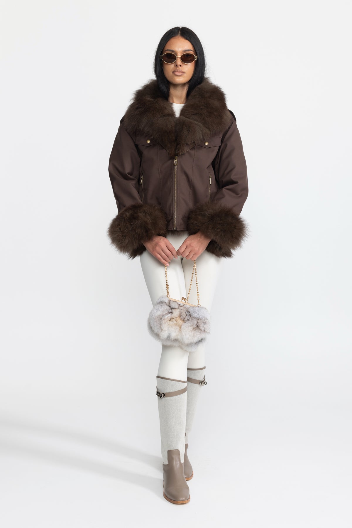 Parka utilitaire en duvet à col et poignets en fourrure de renard - Chocolate 
