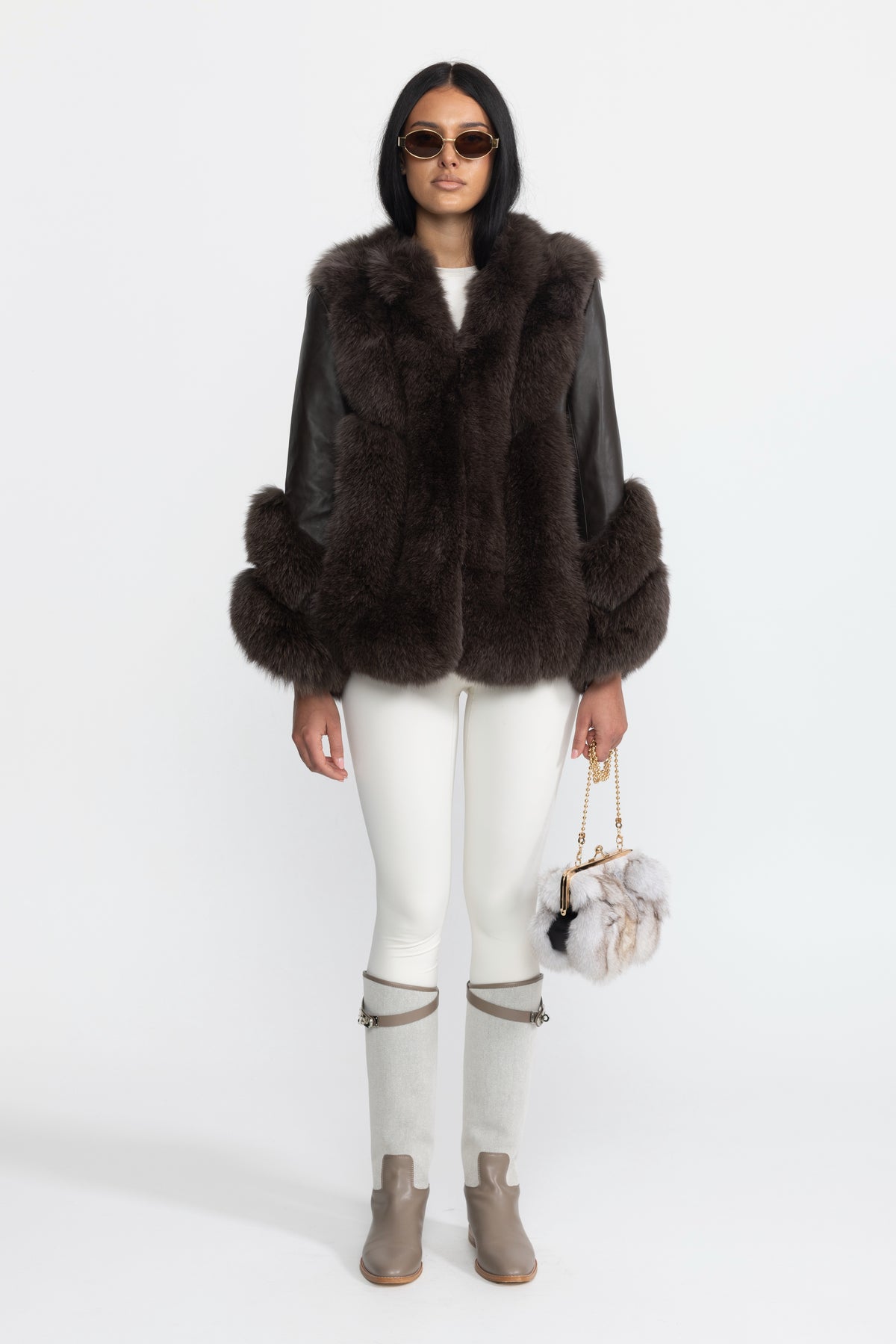 Veste en shearling à empiècements en fourrure de renard - Chocolat 