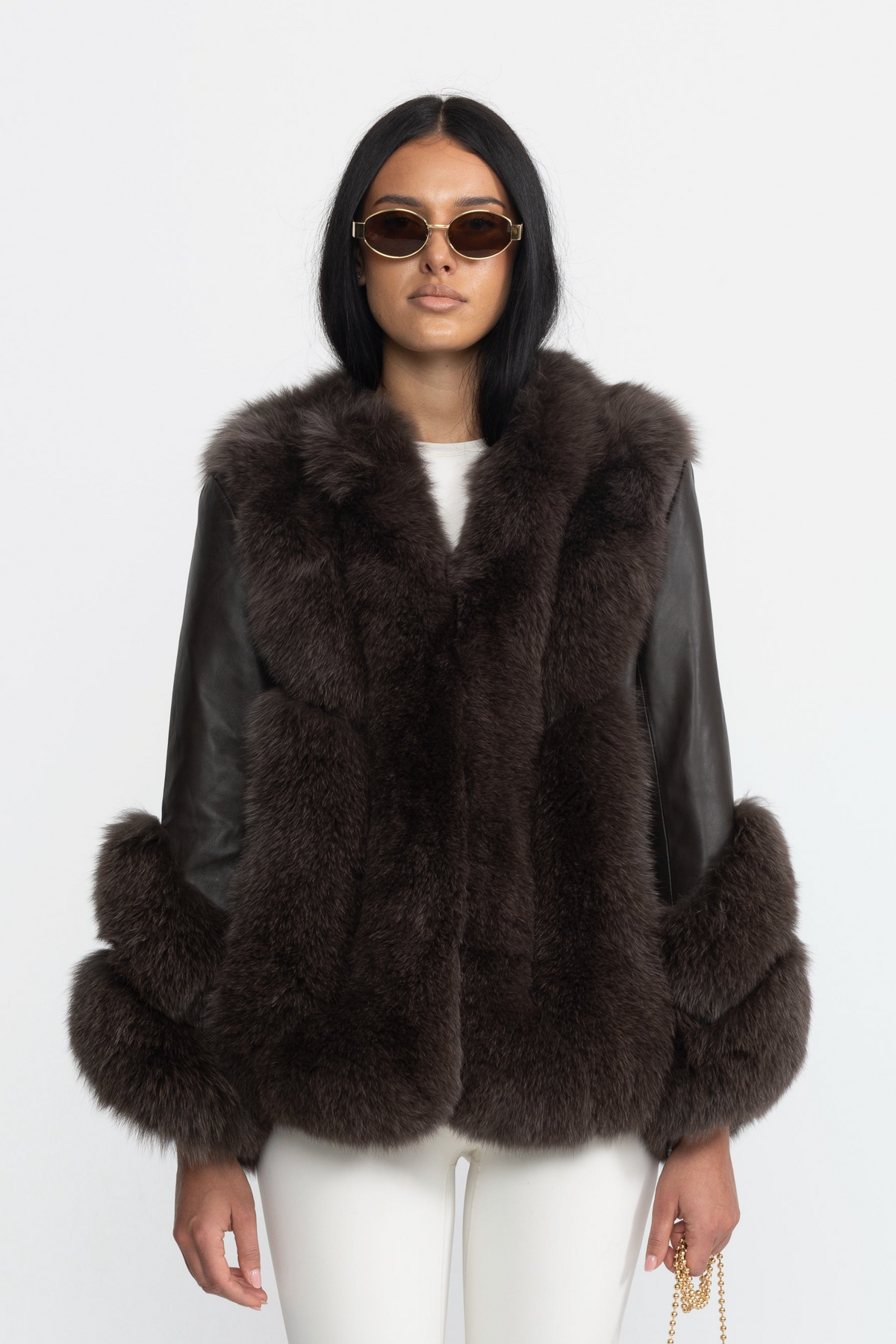 Veste en shearling à empiècements en fourrure de renard - Chocolat 