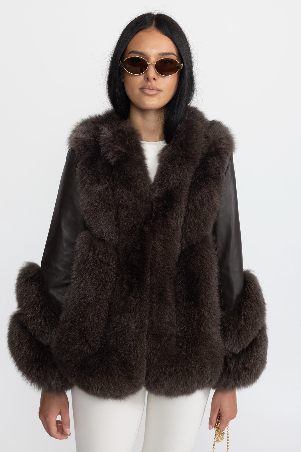 Veste en shearling à empiècements en fourrure de renard - Chocolat 