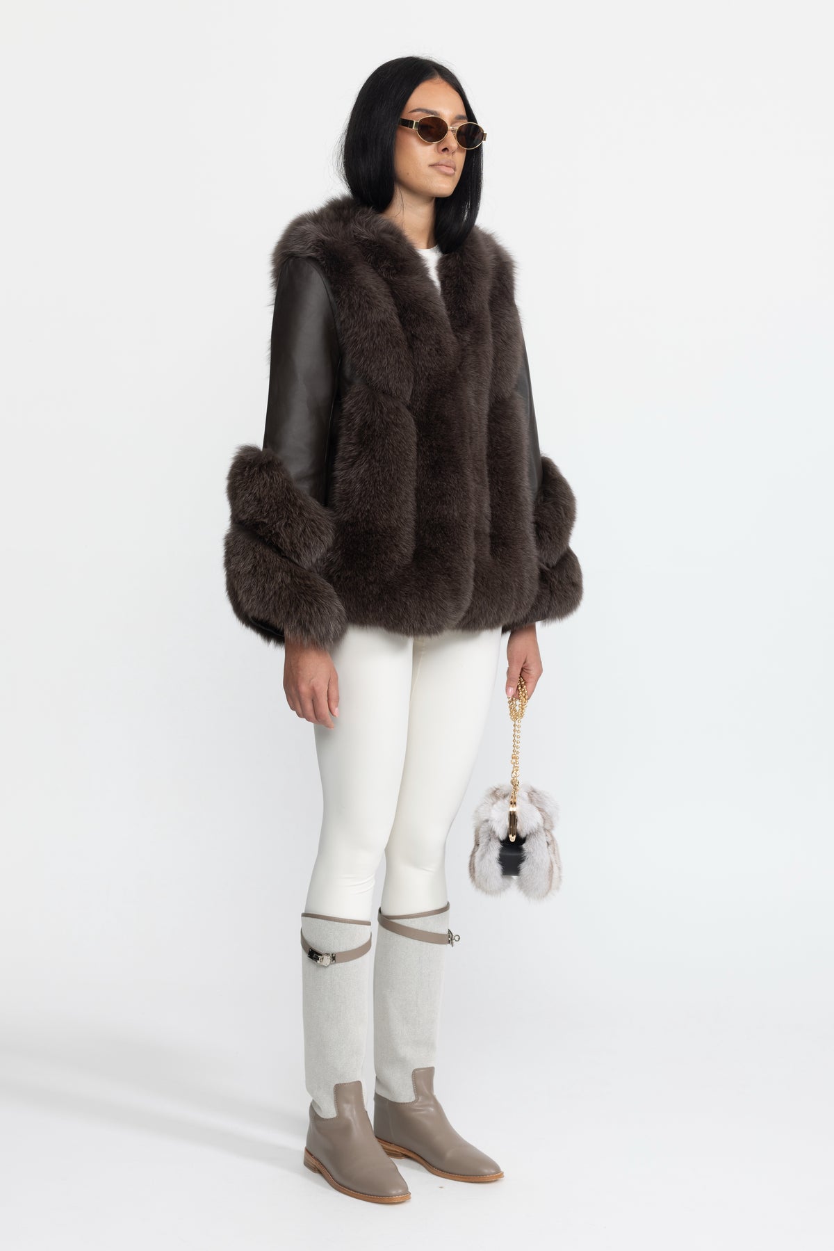 Veste en shearling à empiècements en fourrure de renard - Chocolat 