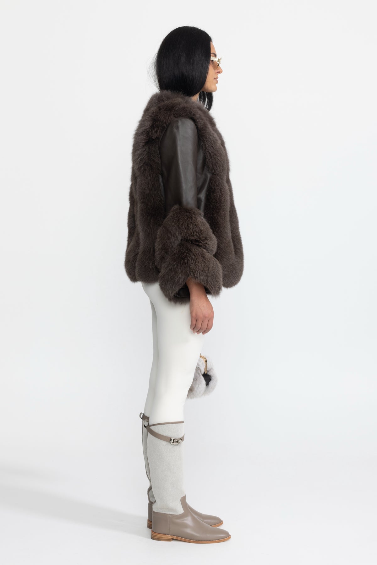 Veste en shearling à empiècements en fourrure de renard - Chocolat 