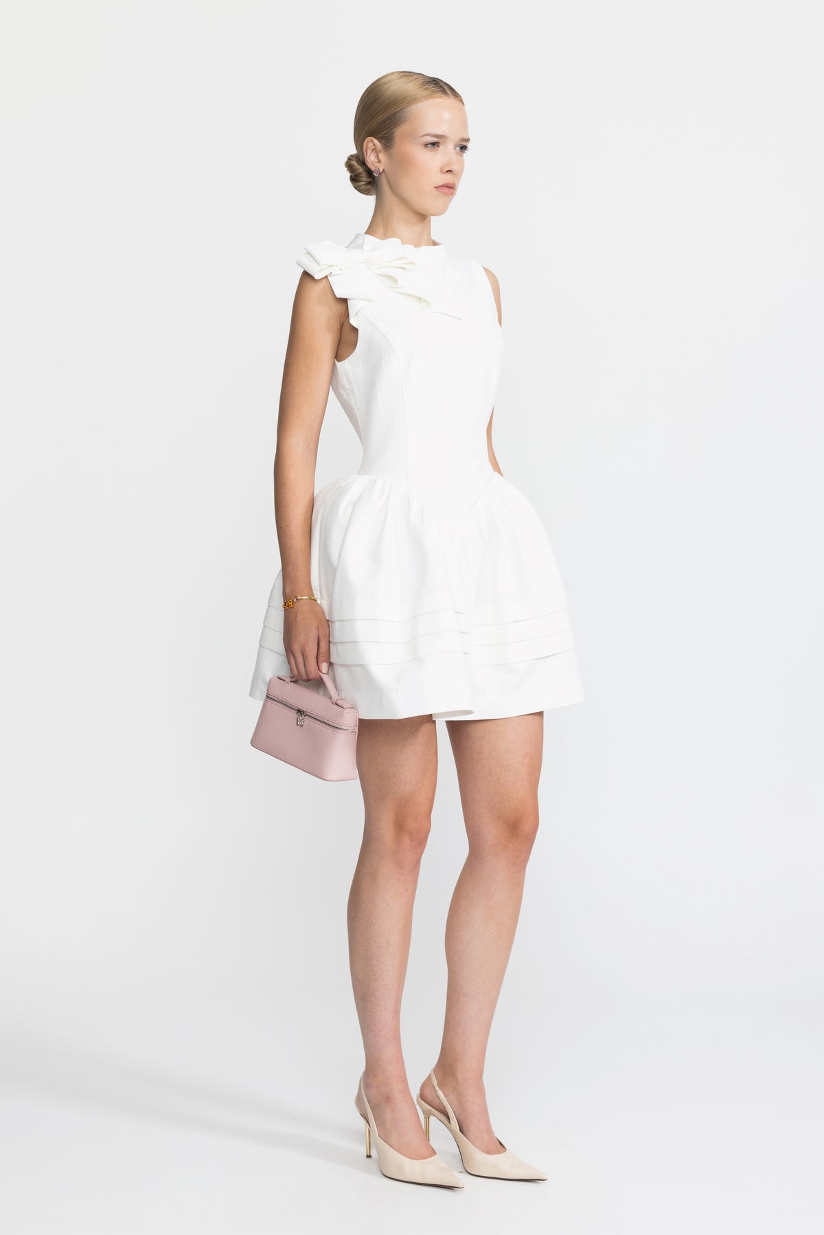 Robe mini en coton à taille basse et nœud sculptural - Blanc 