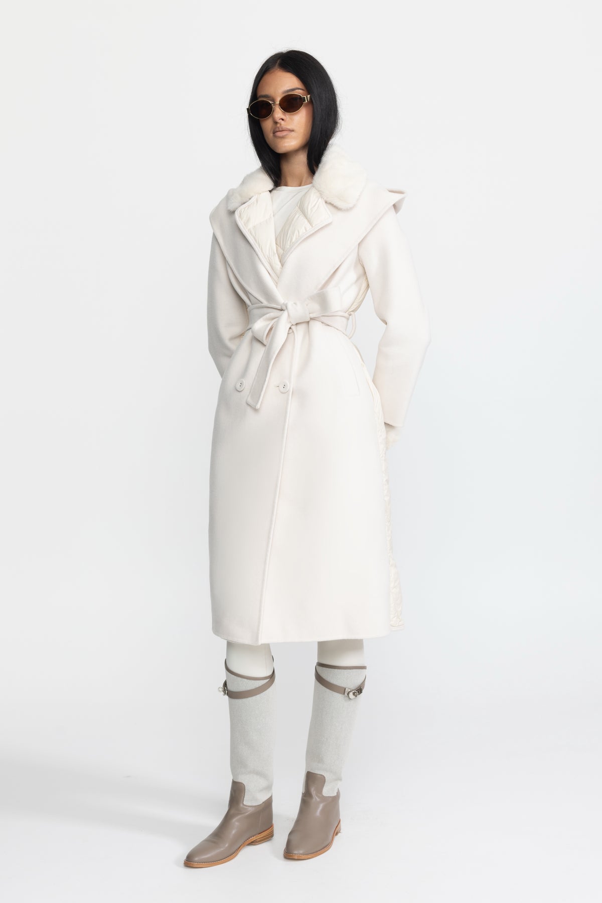 Quilted Back Hooded Wool Wrap Coat with Mink Fur - Ivoire