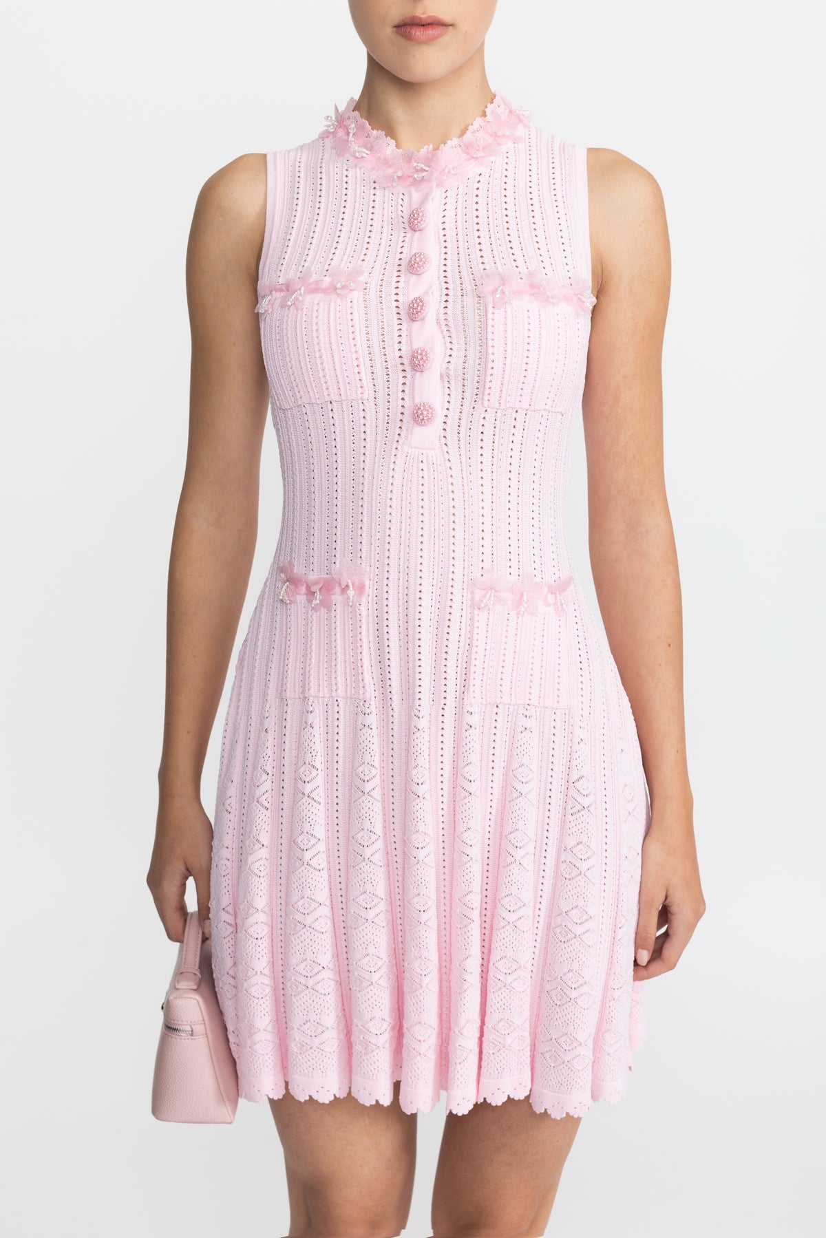 Organza Flower Trim Pointelle Knit Mini Dress - Pink