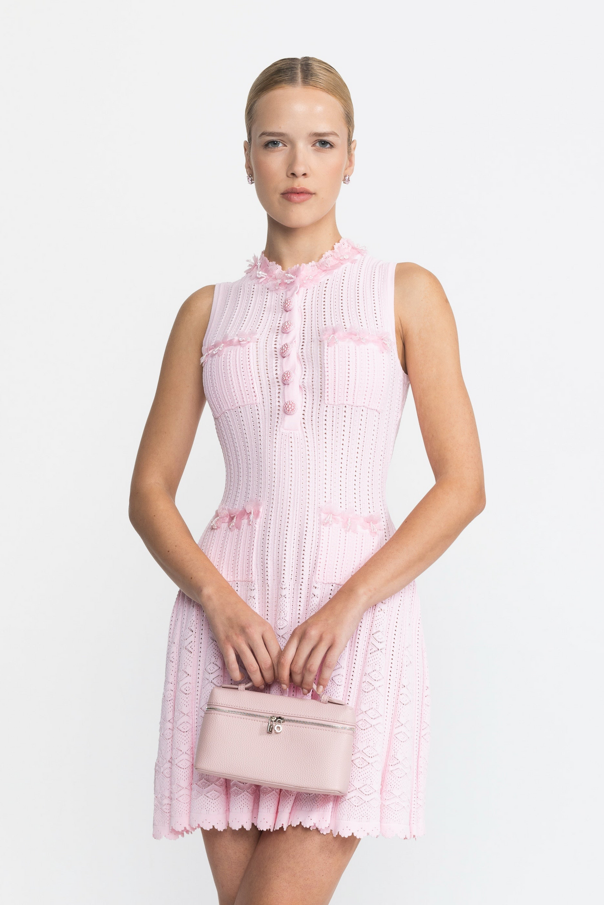 Organza Flower Trim Pointelle Knit Mini Dress - Pink
