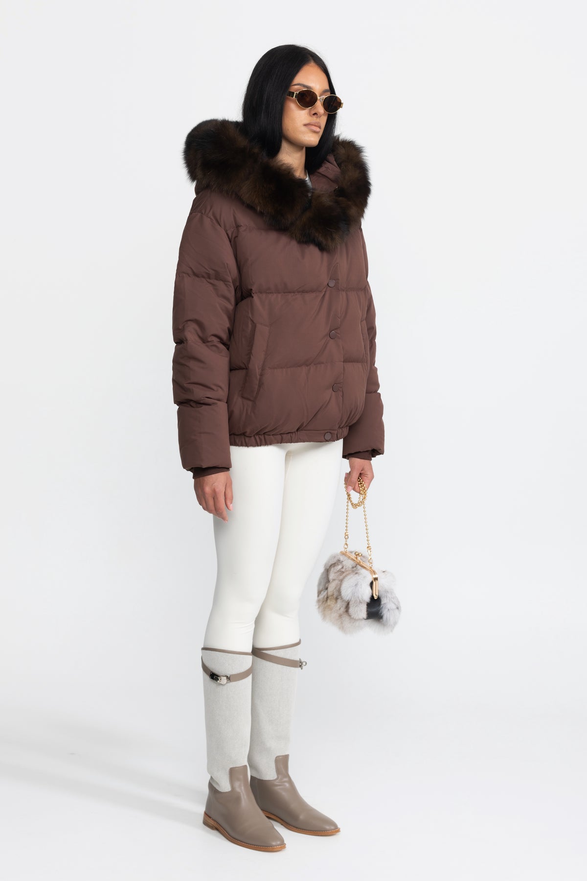 Fox Fur Hood Cropped Down Puffer Jacket - Chocolate