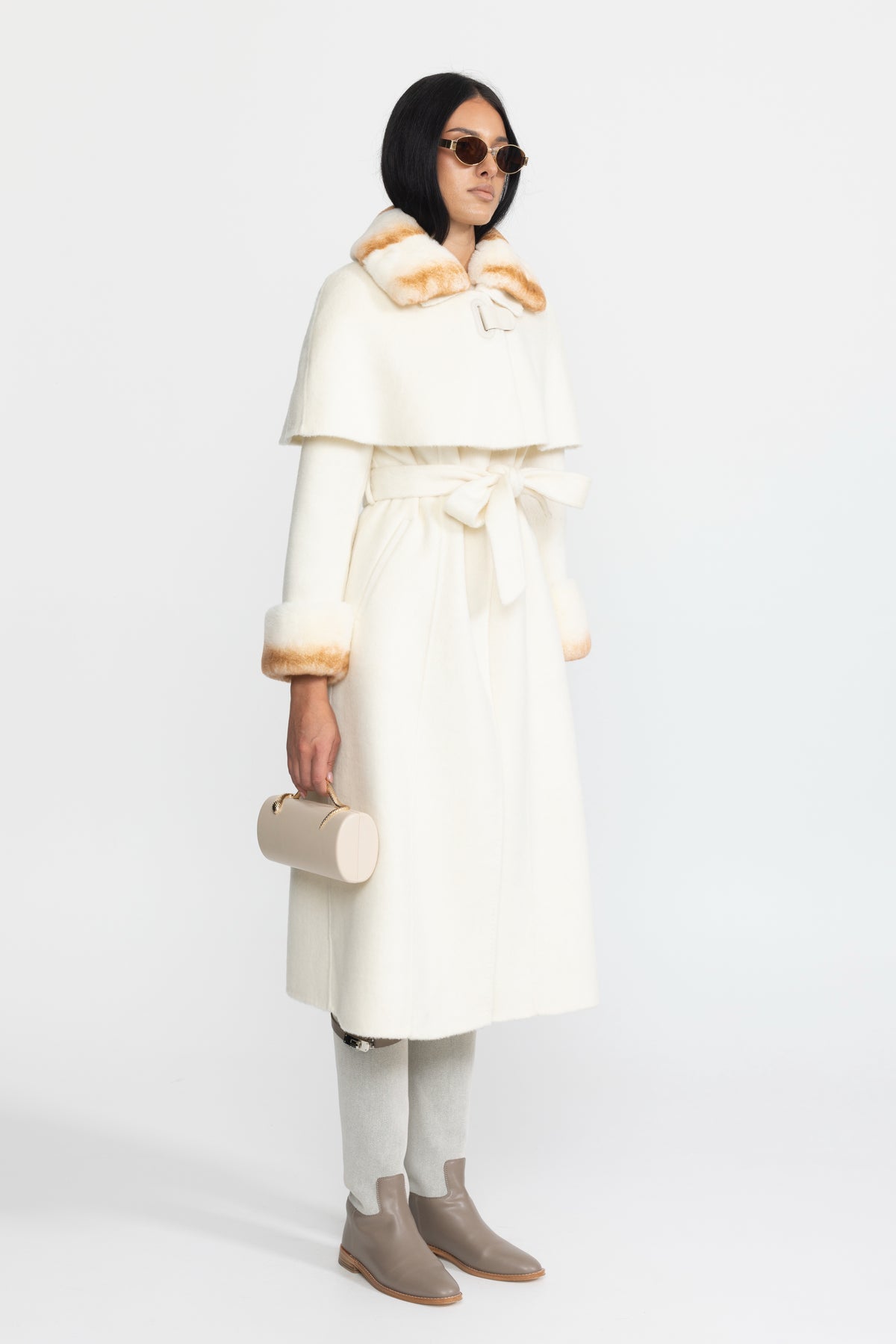 Rex Rabbit Fur Collar Capelet Wool Coat - Ivoire