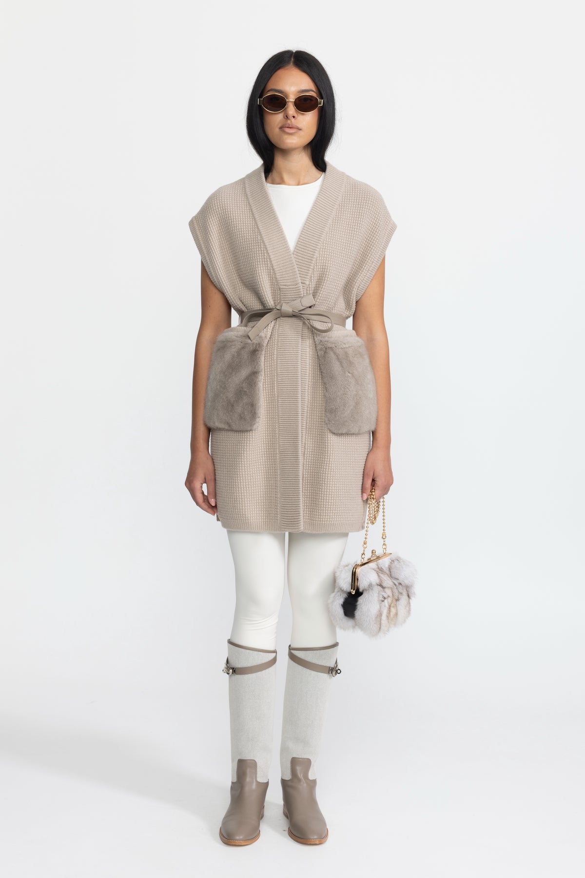 Belted Waffle Knit Gilet with Mink Fur Pockets - Beige