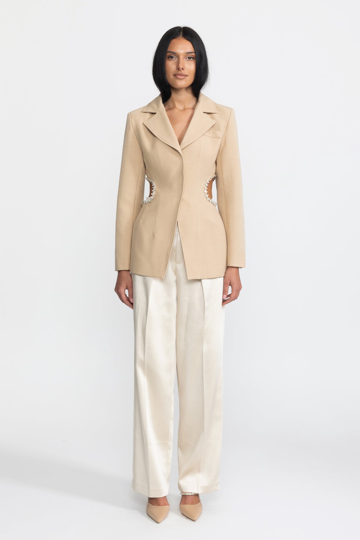 Blazer tailleur à taille ajourée et finitions cristal - Beige 