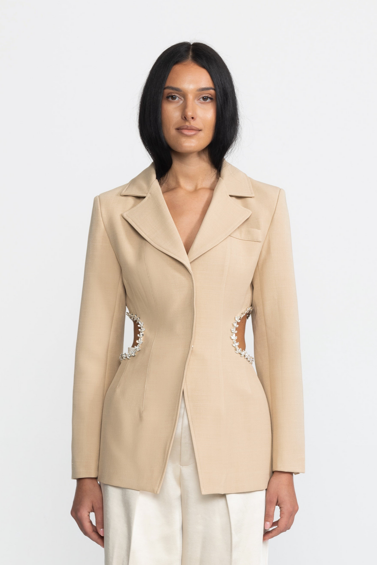 Blazer tailleur à taille ajourée et finitions cristal - Beige 