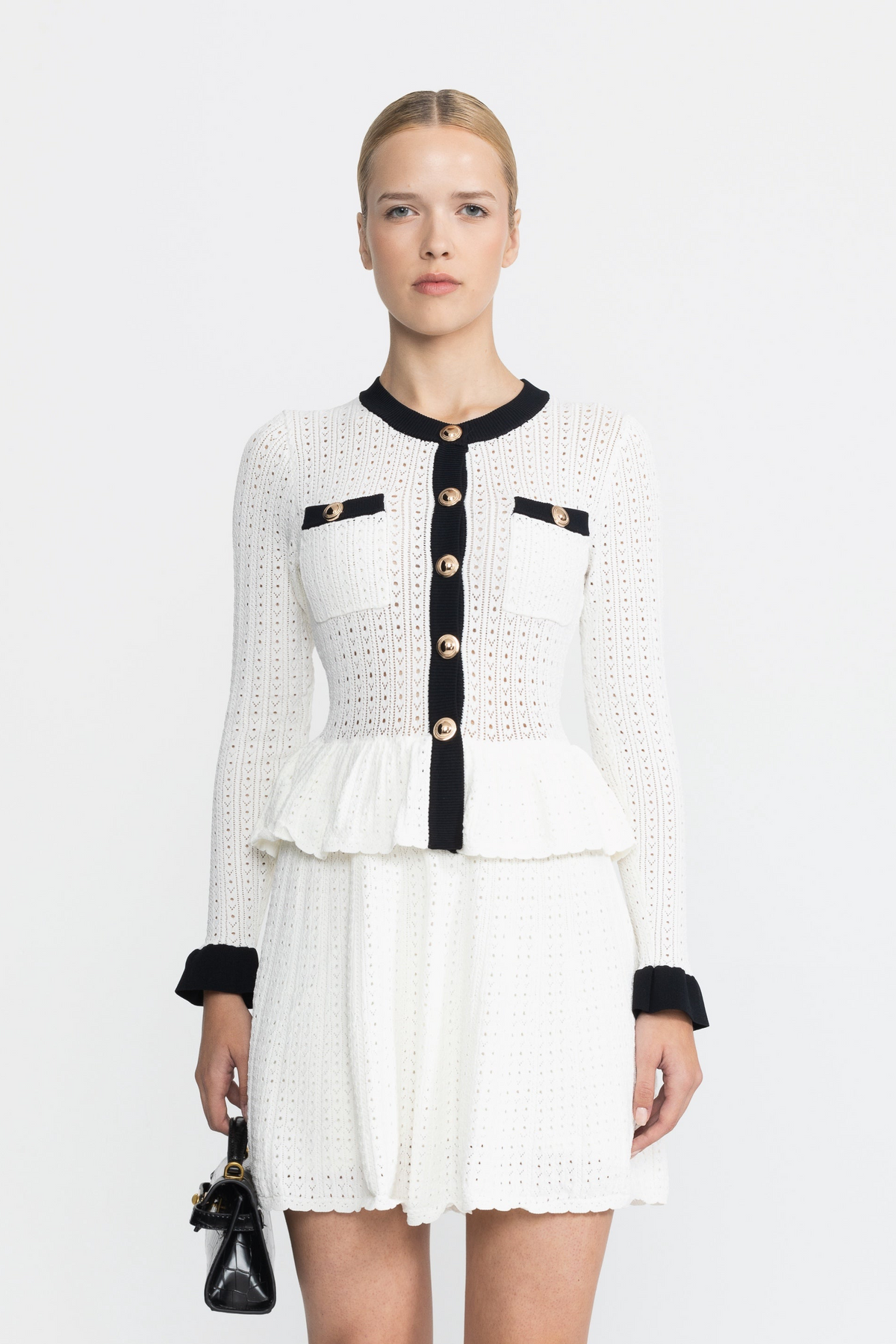 Pointelle Knit Peplum Mini Dress with Gold Buttons - White