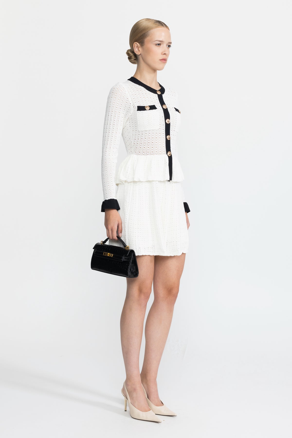 Pointelle Knit Peplum Mini Dress with Gold Buttons - White