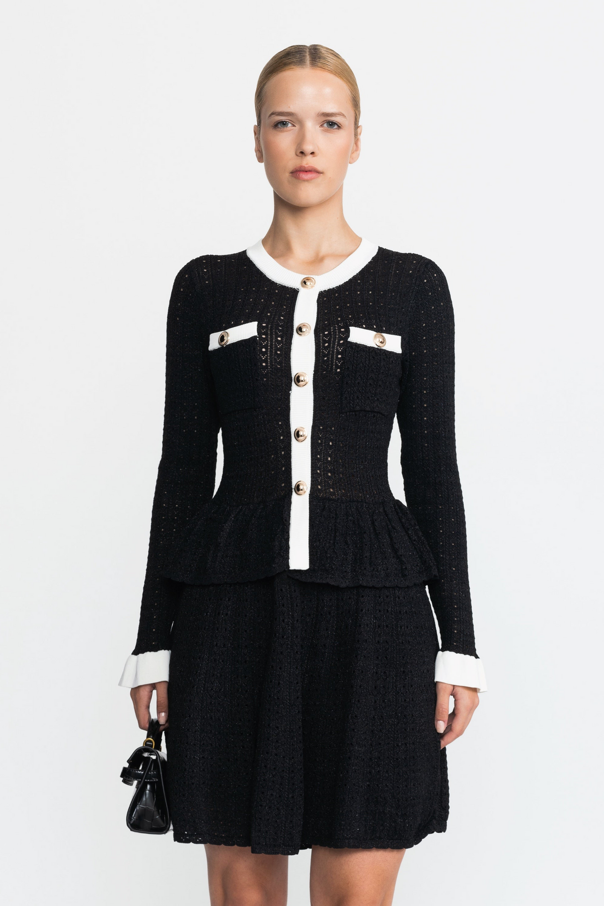 Robe mini péplum en maille pointelle à boutons dorés - Noir 