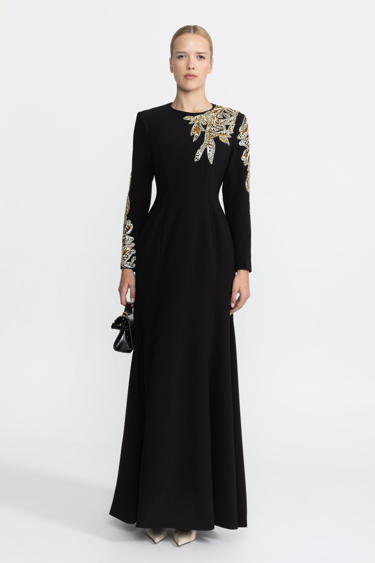 Robe longue à manches longues ornée de feuilles de cristal - noir 