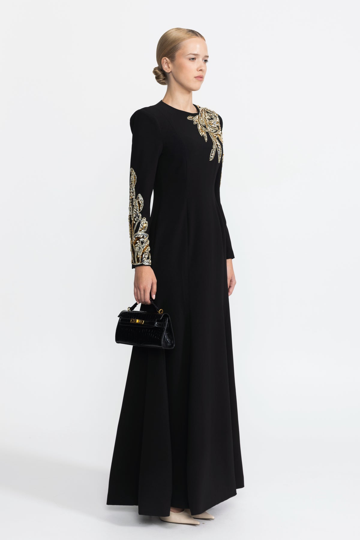Robe longue à manches longues ornée de feuilles de cristal - noir 