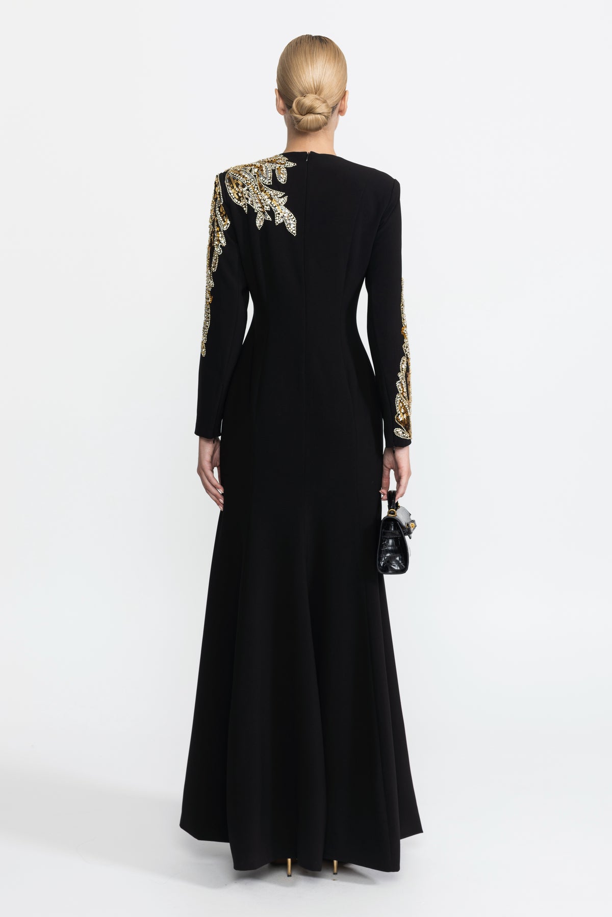 Robe longue à manches longues ornée de feuilles de cristal - noir 