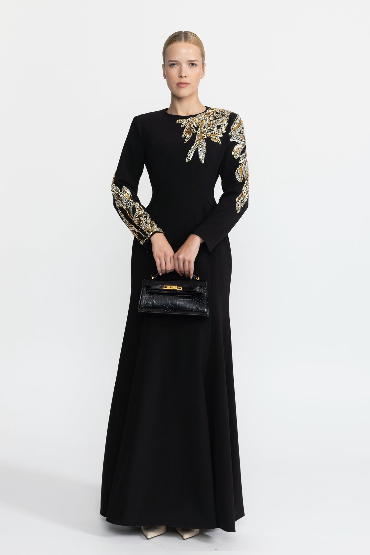 Robe longue à manches longues ornée de feuilles de cristal - noir 