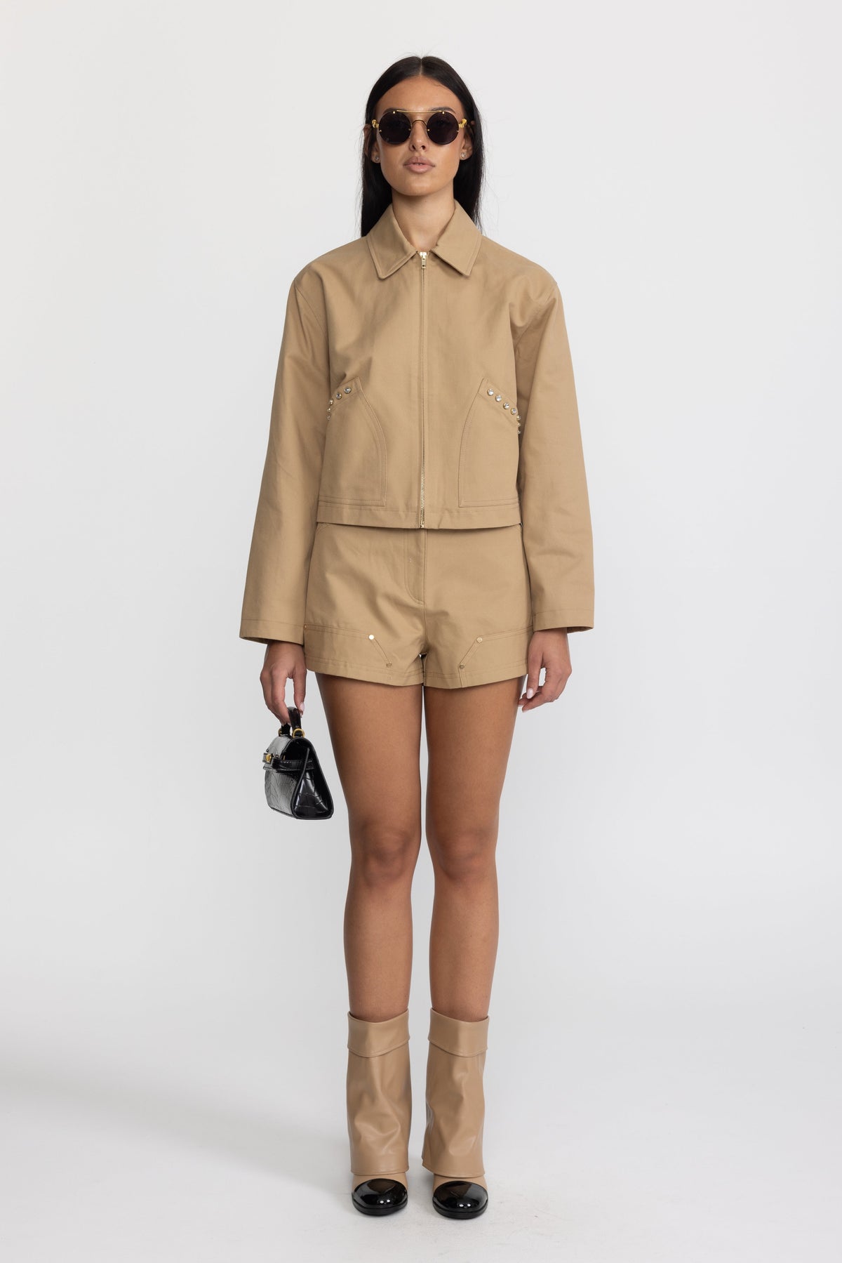Veste zippée courte en canvas à clous cristal - kaki 