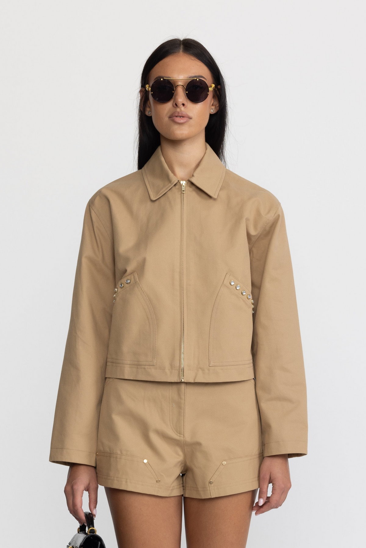 Veste zippée courte en canvas à clous cristal - kaki 