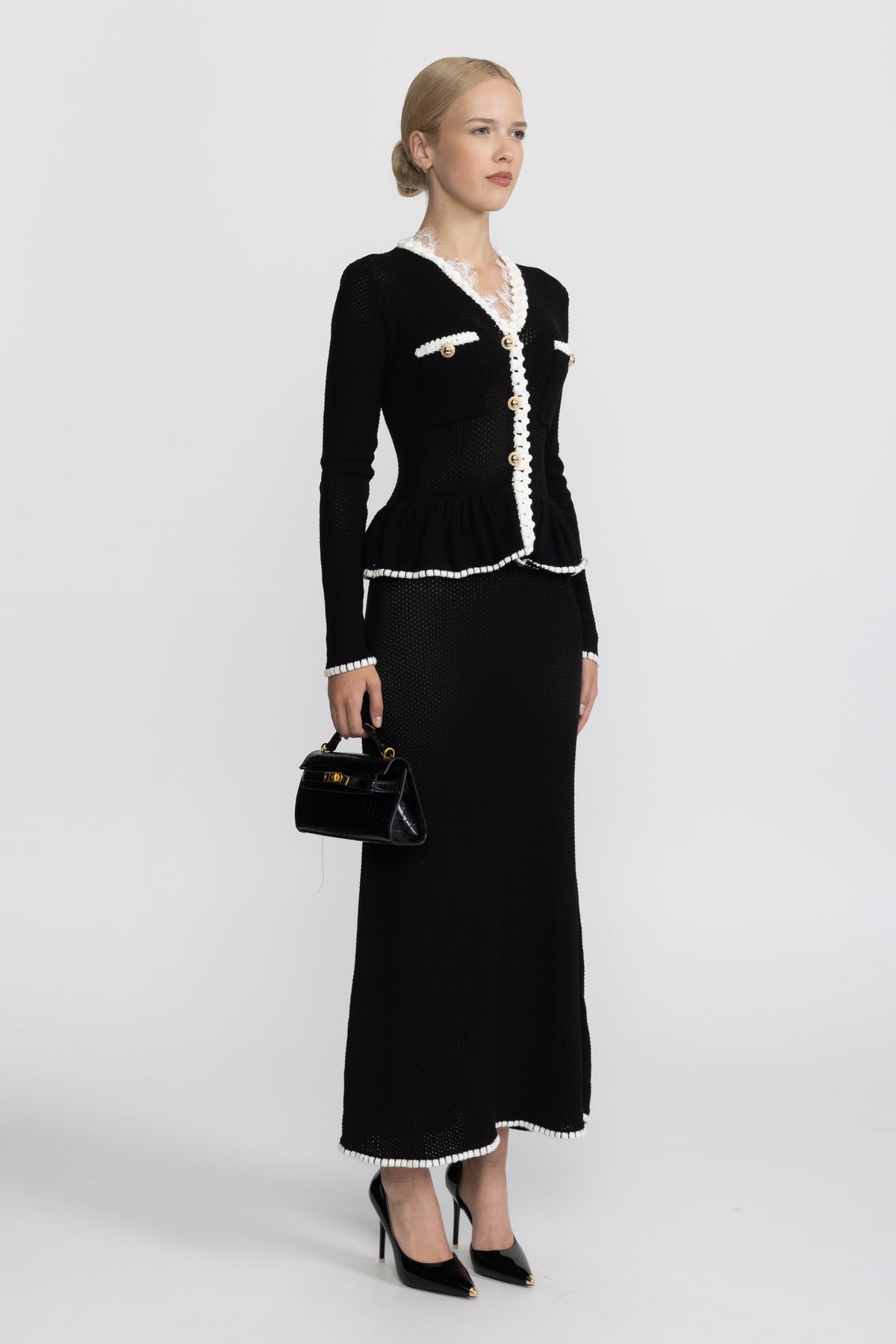 Robe longue à basque en maille crochetée bordée de dentelle - Noir 