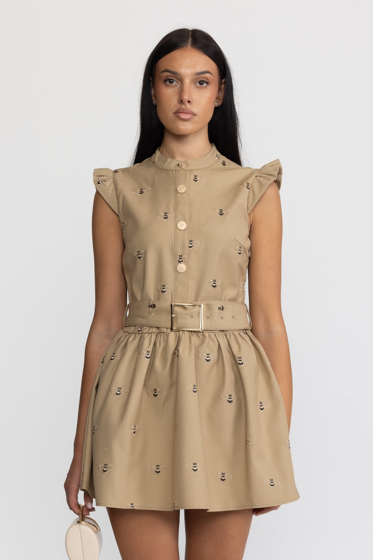 Robe mini en coton brodé d’abeilles avec ceinture - kaki 