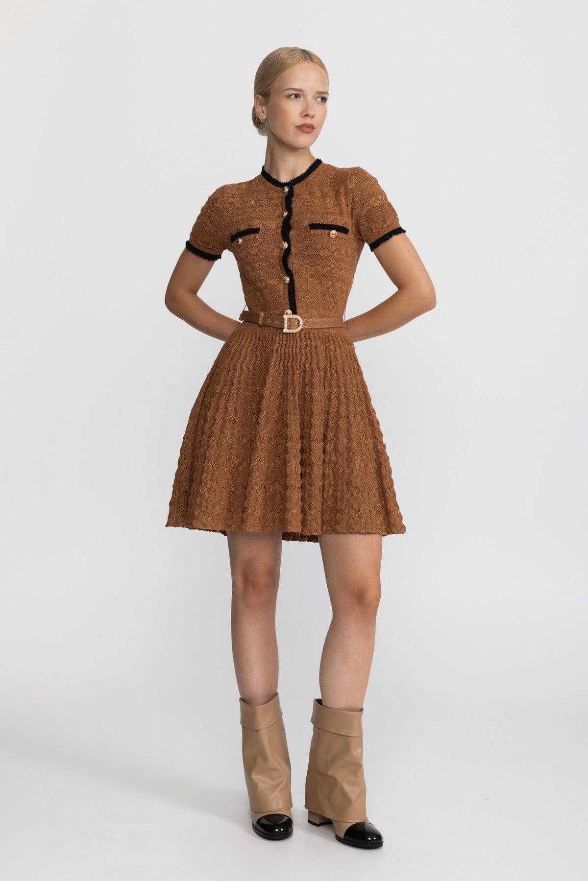 Metallic Pointelle Knit Belted Dress with Contrast Trim - Caramel