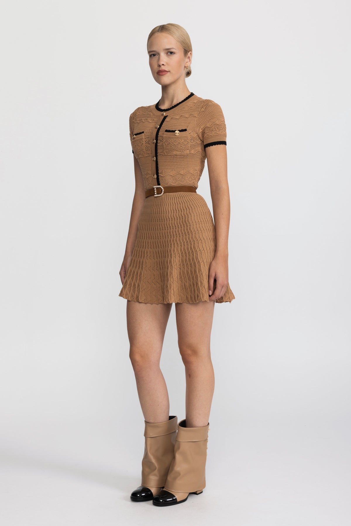 Pointelle Knit Belted Mini Dress with Contrast Trim - Camel