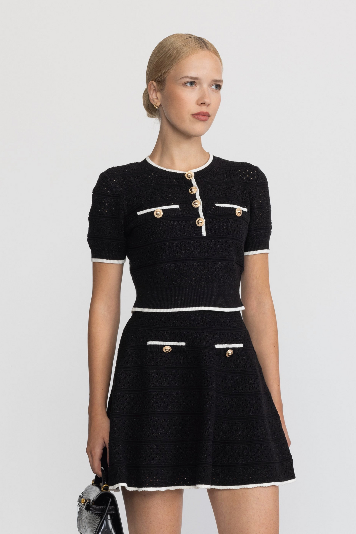 Pointelle Knit Top and Skater Skirt Co-ord Set - Black