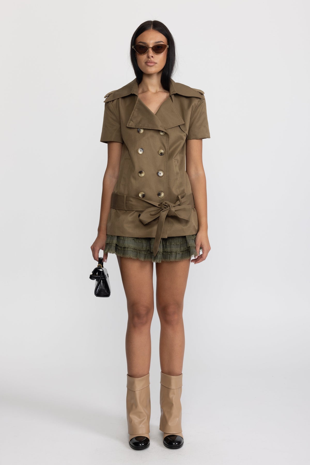 Ensemble coordonné top trench et mini-jupe à ourlet volanté - Olive 