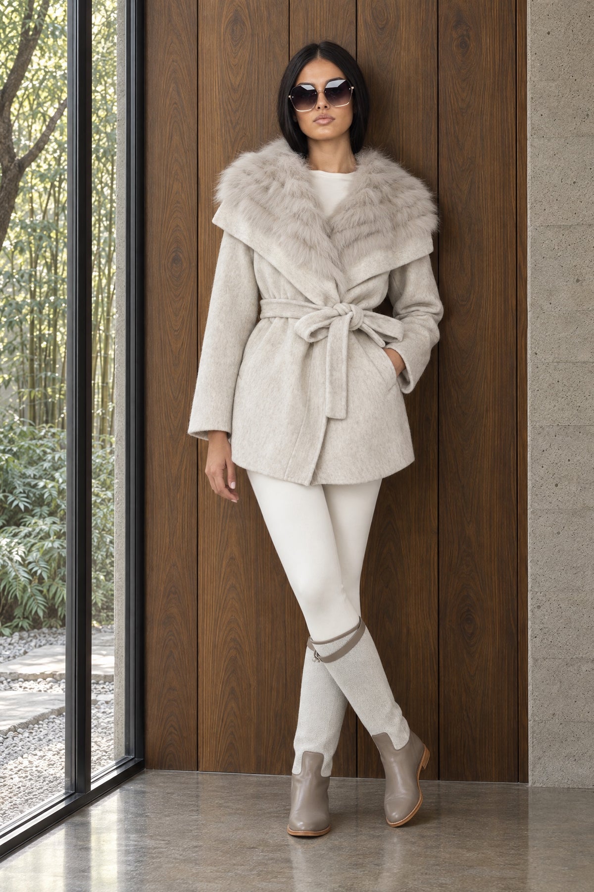 Manteau en laine avec col en fourrure oversize et ceinture - Gris clair 