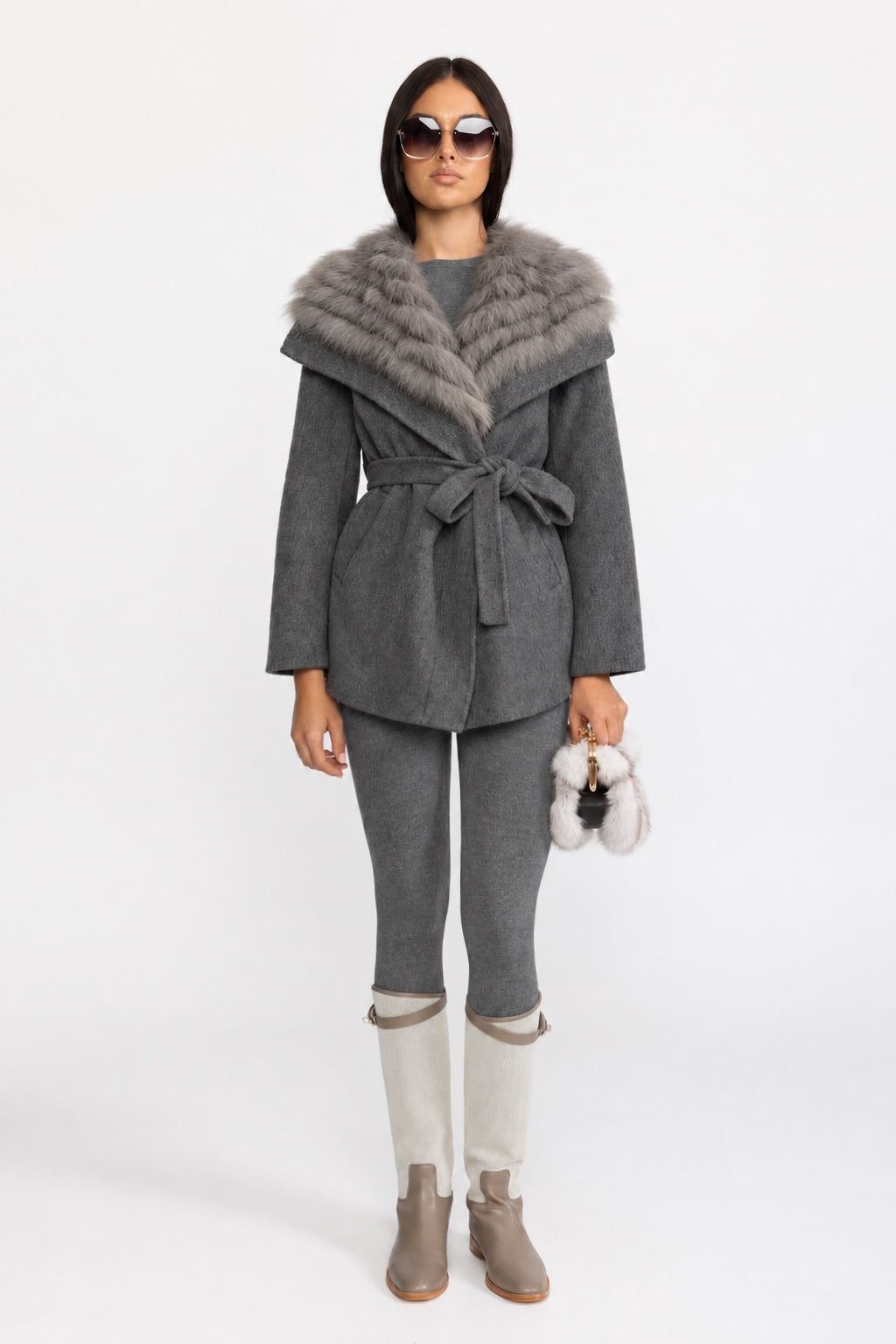 Manteau en laine avec col en fourrure oversize et ceinture - Gris 