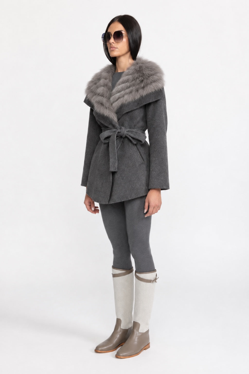 Manteau en laine avec col en fourrure oversize et ceinture - Gris 