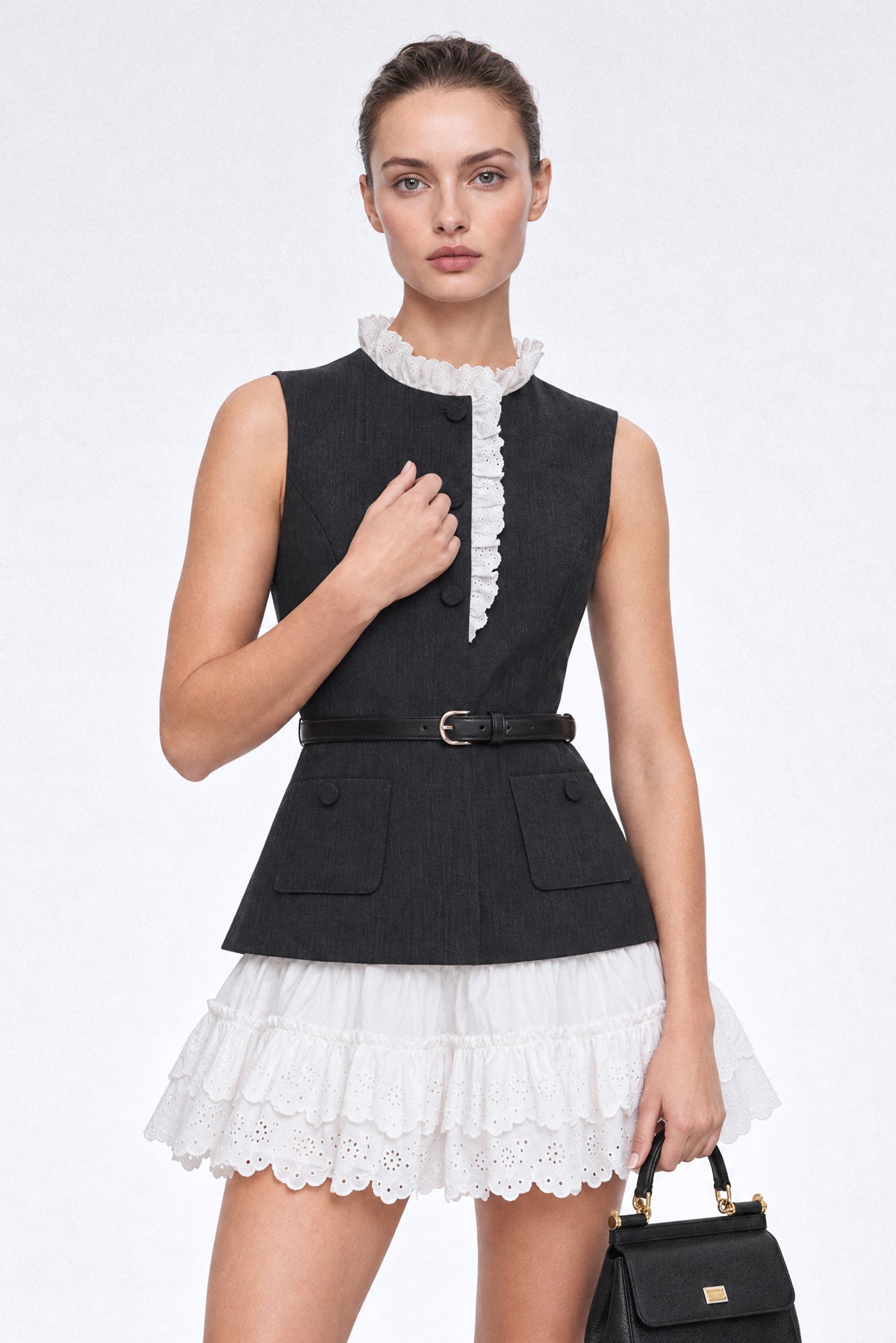 Robe mini style gilet avec jupe à œillets - Charcoal 