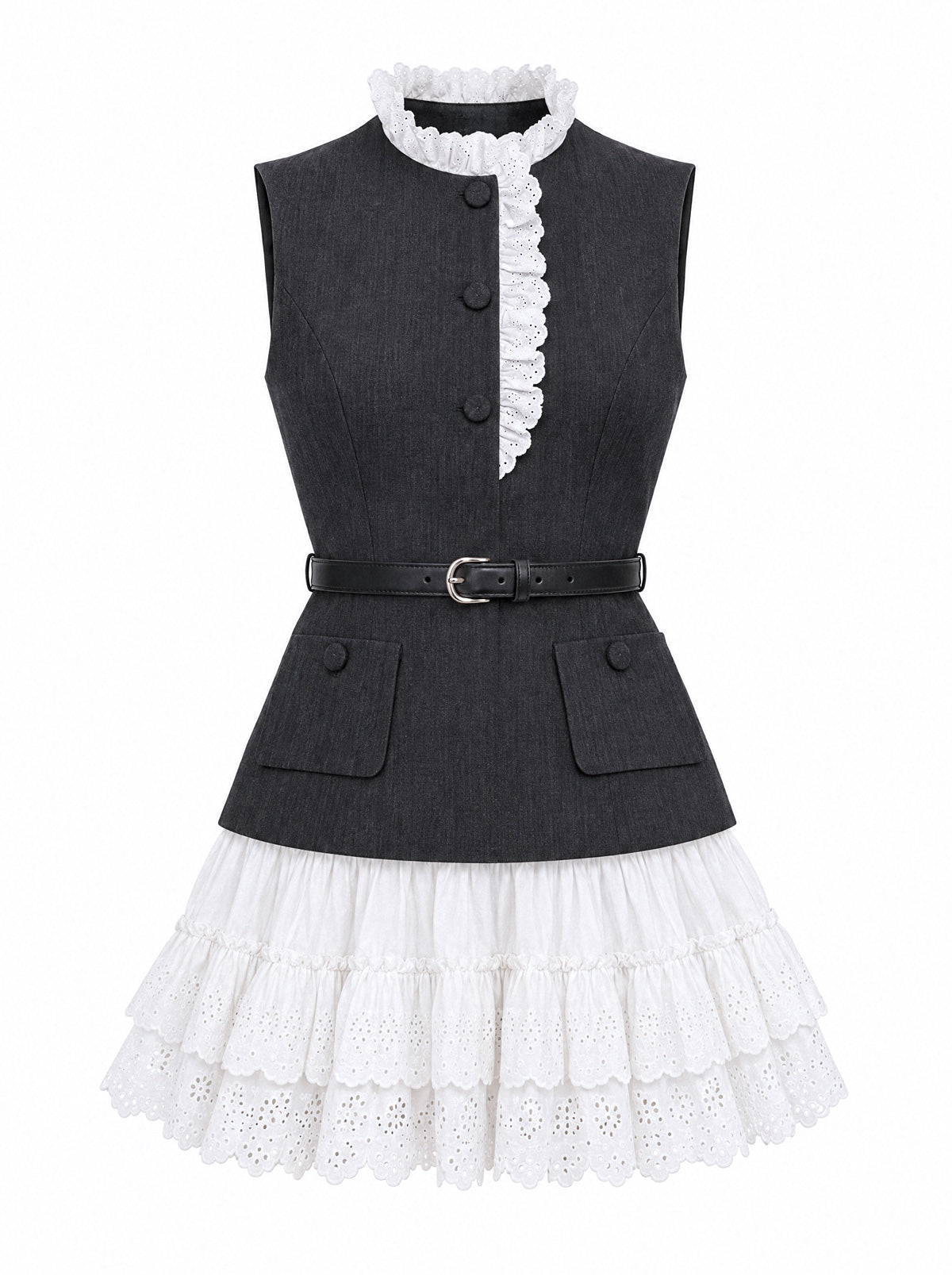 Robe mini style gilet avec jupe à œillets - Charcoal 