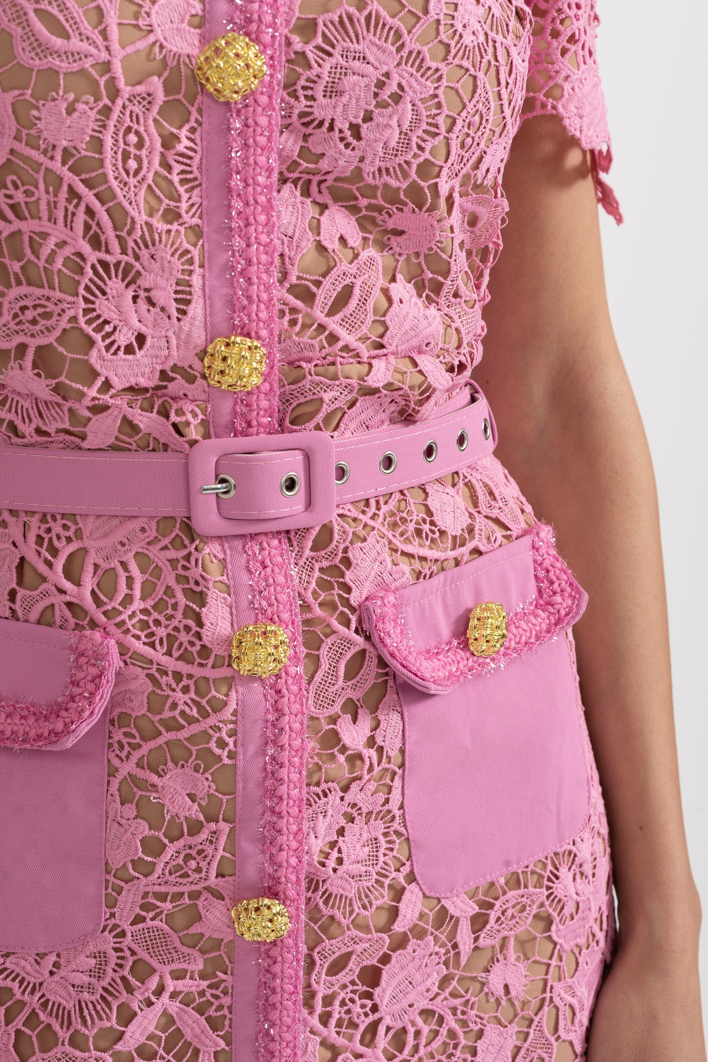 Robe Midi en Dentelle à Manches Courtes Exquise - Rose 