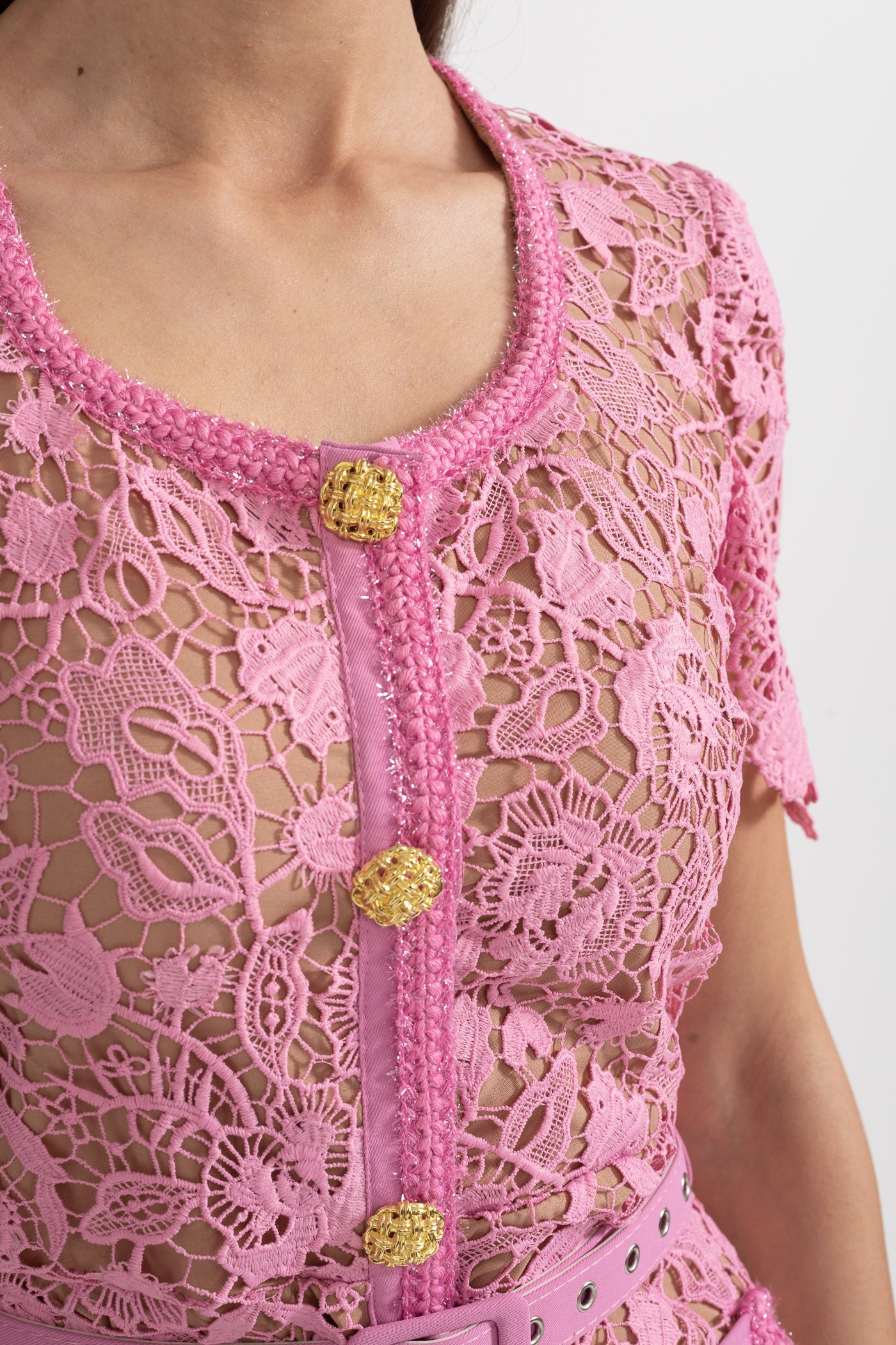 Robe Midi en Dentelle à Manches Courtes Exquise - Rose 