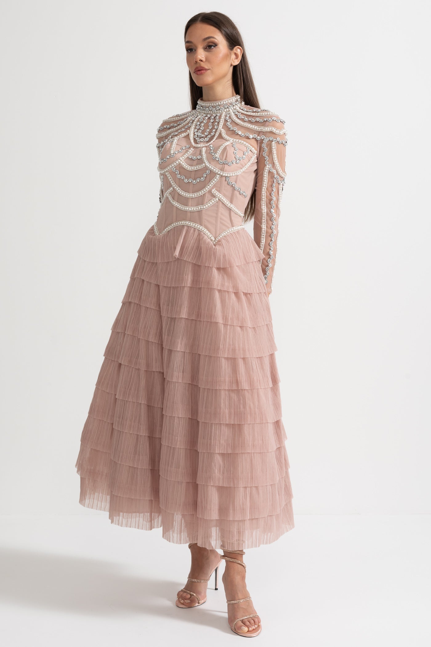 Elegant Long Sleeved Dress With Layered Ruffled Skirt And Intricate Sparkling Embellishments - Pink