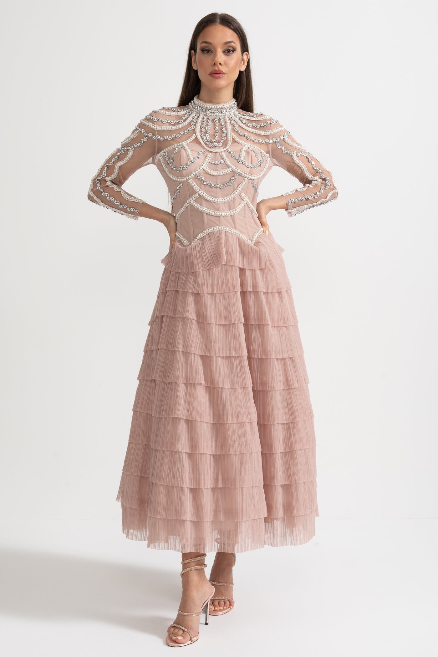 Elegant Long Sleeved Dress With Layered Ruffled Skirt And Intricate Sparkling Embellishments - Pink