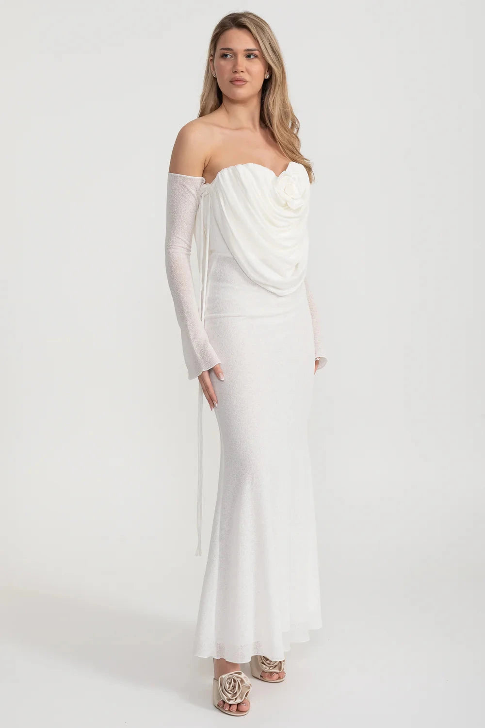Elegant Flowing Dress With Long Sleeves, Top Draping And Central Rose Adornment - White