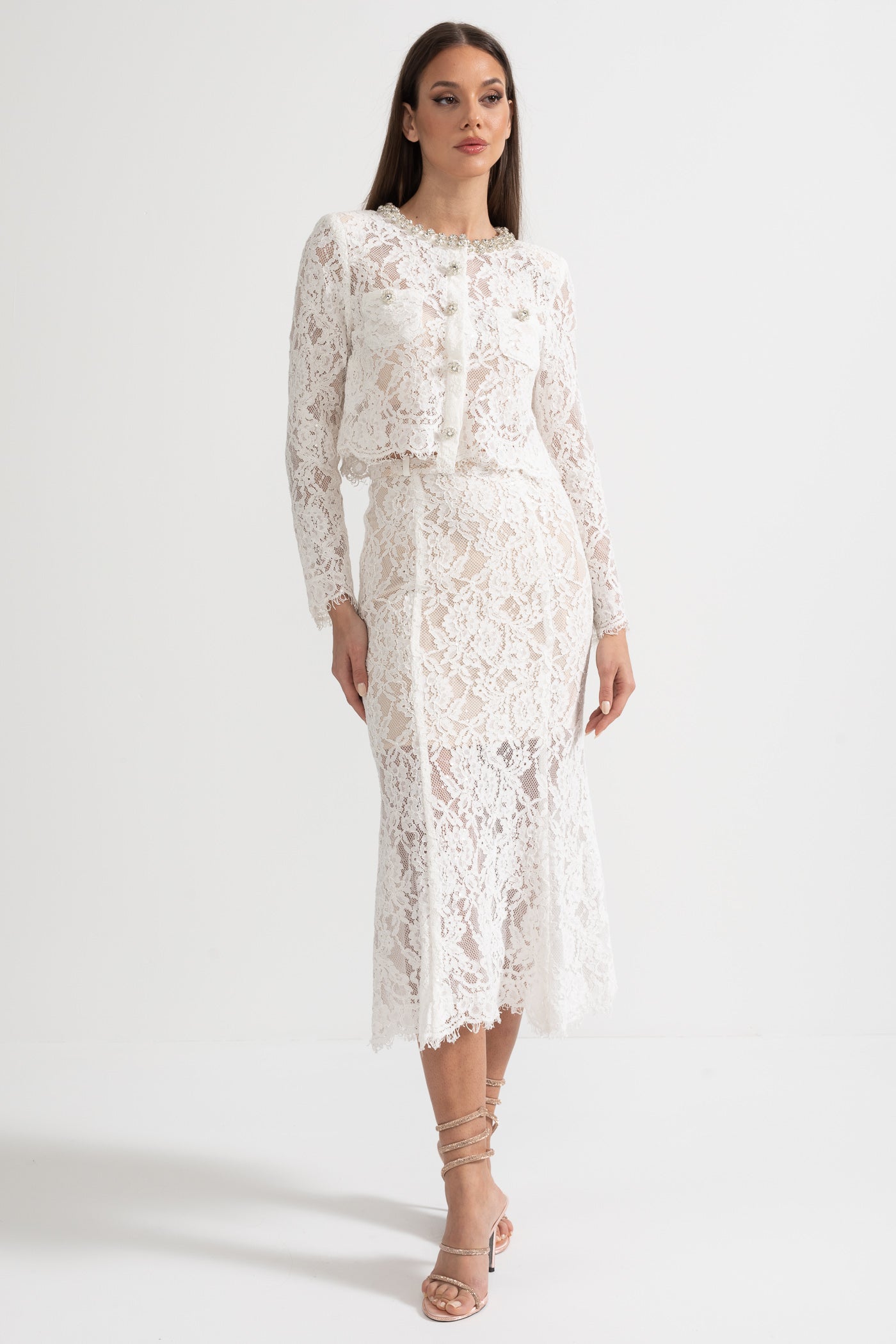Lace Co-Ord With Sparkling Neckline Embellishments And Midi Skirt - White