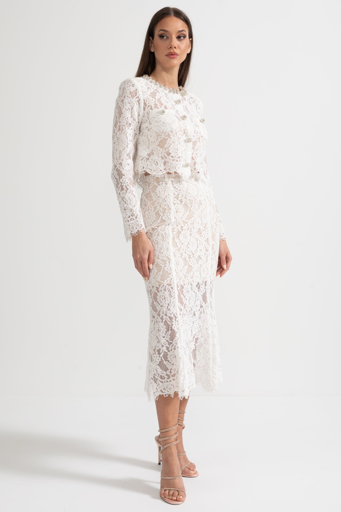 Lace Co-Ord With Sparkling Neckline Embellishments And Midi Skirt - White