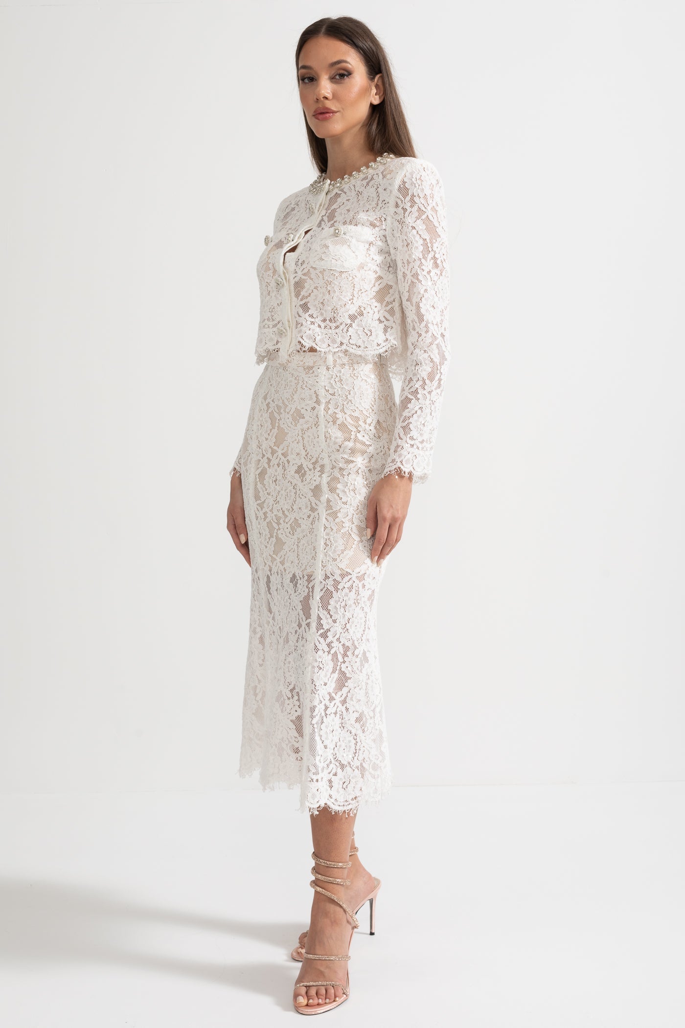 Lace Co-Ord With Sparkling Neckline Embellishments And Midi Skirt - White