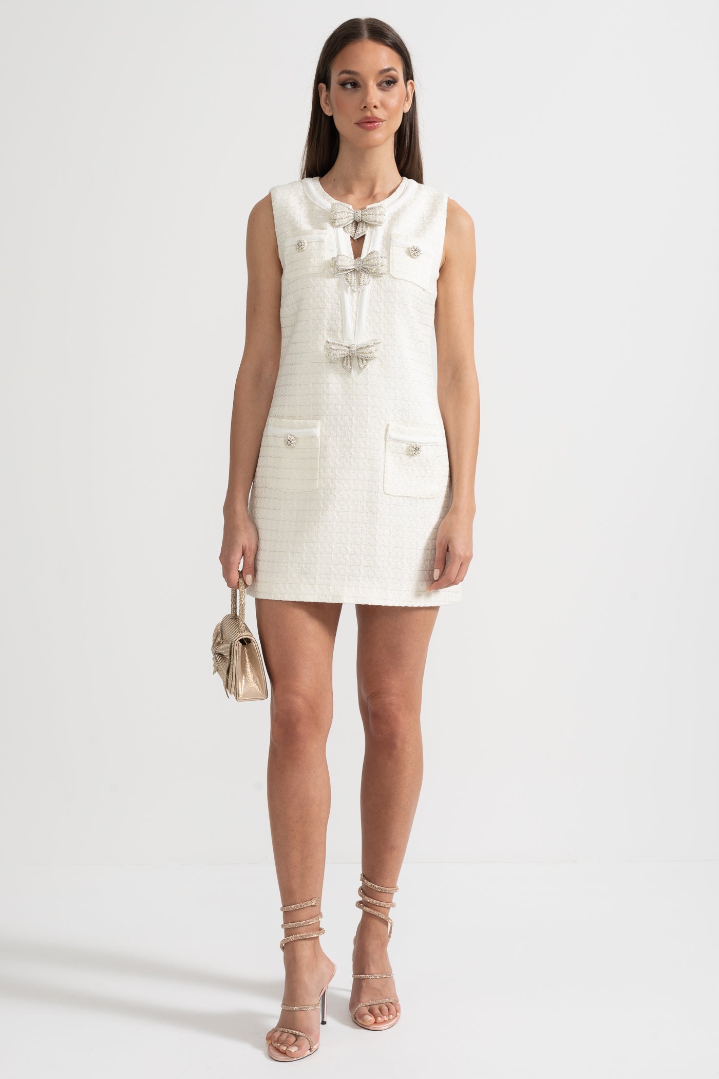 Textured Sleeveless Dress With Metal Embellished Bows - White