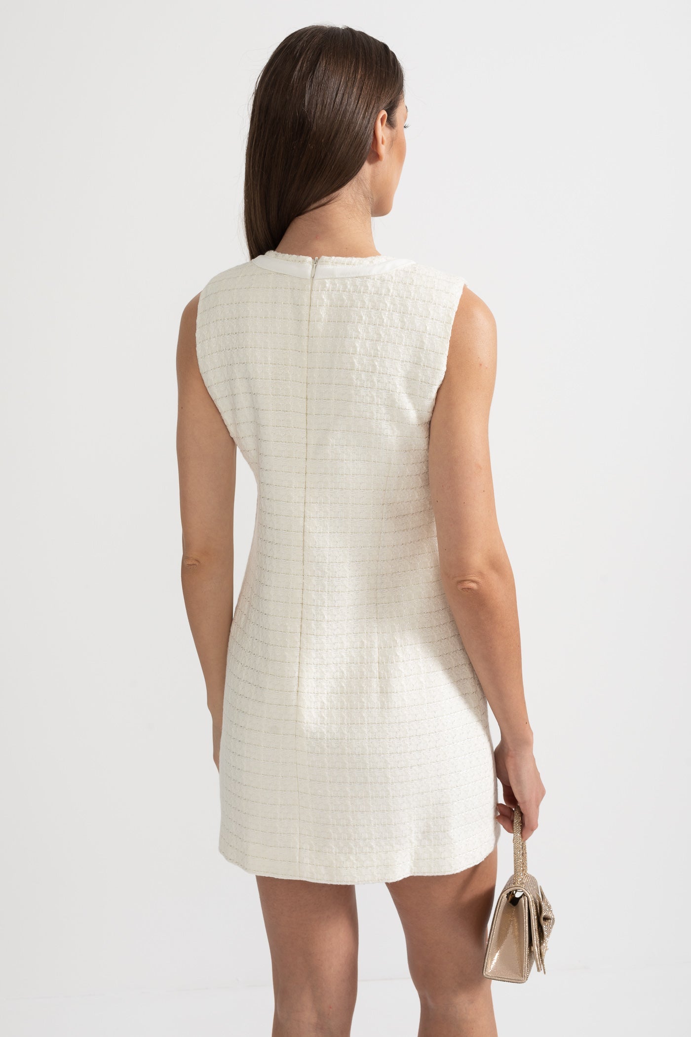 Textured Sleeveless Dress With Metal Embellished Bows - White