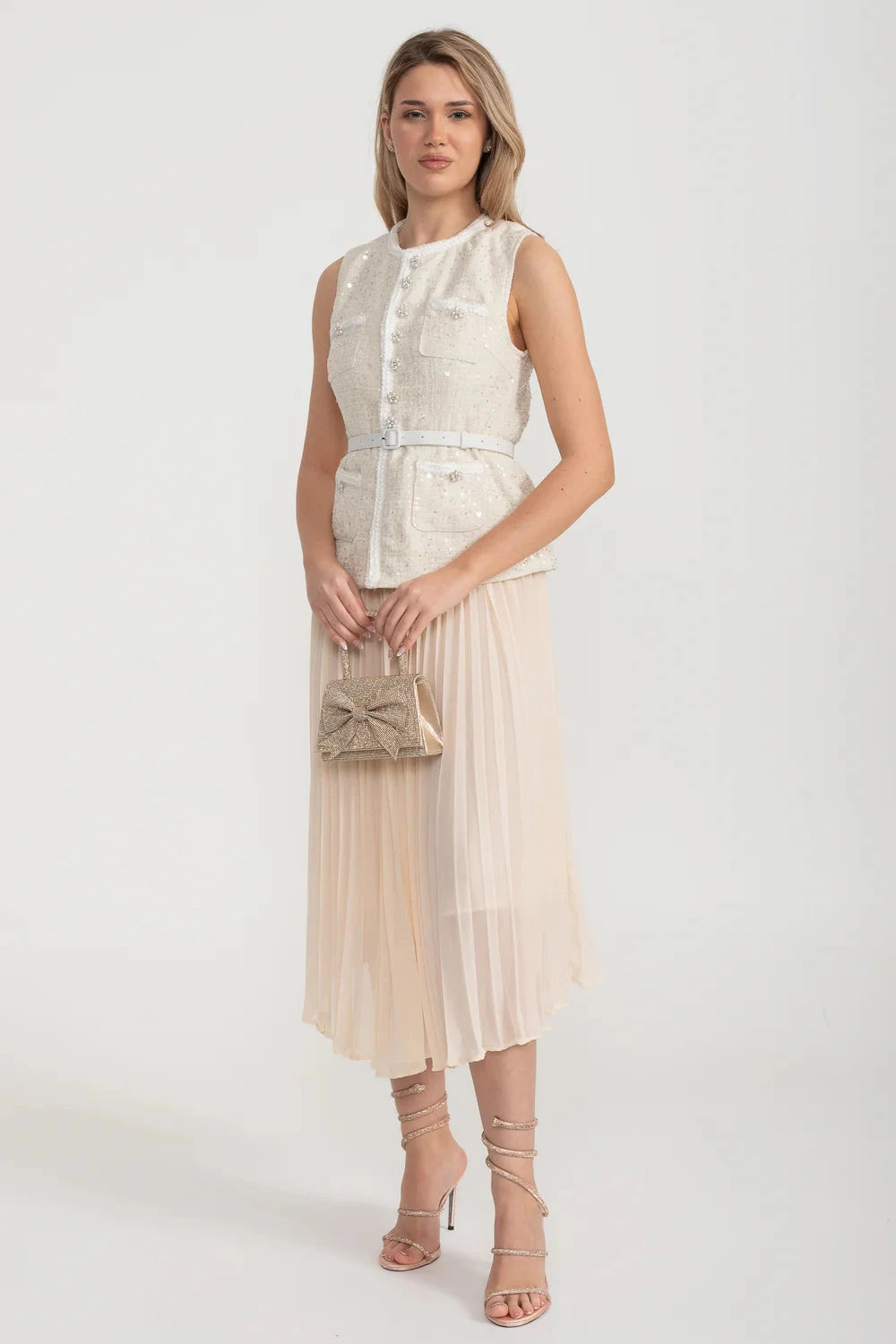 Ensemble texturé avec poches avant et jupe plissée transparente - Ivoire 